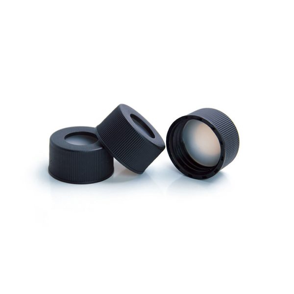 Nature PTFE/Nature Silicone Septa 22 × 3 mm, 24 mm Black Screw Polypropylene Cap, 15 mm Centre Hole, 100/pk
