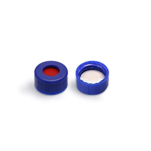 White PTFE/Red Silicone Septa, 9 mm Blue Short Screw Polypropylene Cap, 5.5 mm Centre Hole, 100/pk