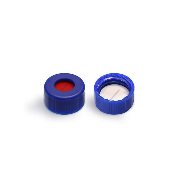 Pre-slit White PTFE/Red Silicone Septa, 9 mm Blue Short Screw Polypropylene Cap, 5.5 mm Centre Hole, 100/pk