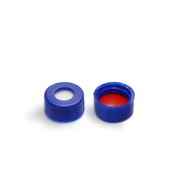 Red PTFE/White Silicone Septa, 9 mm Blue Short Screw Polypropylene Cap, 5.5 mm Centre Hole, 100/pk
