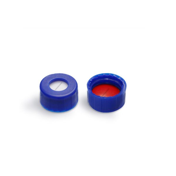 Pre-slit Red PTFE/White Silicone Septa, 9 mm Blue Short Screw Polypropylene Cap, 5.5 mm Centre Hole, 100/pk