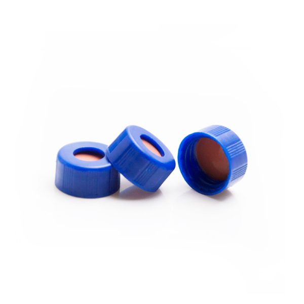 Red PTFE/White Silicone/Red PTFE Septa, 9 mm Blue Short Screw Polypropylene Cap, 5.5 mm Centre Hole, 100/pk