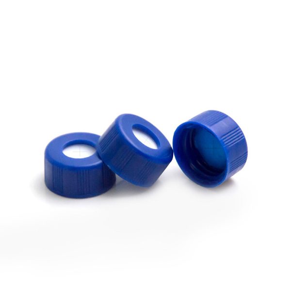Cross Pre-slit Blue PTFE/White Silicone Septa, 9 mm Blue Short Screw Polypropylene Cap, 6 mm Centre Hole, 100/pk