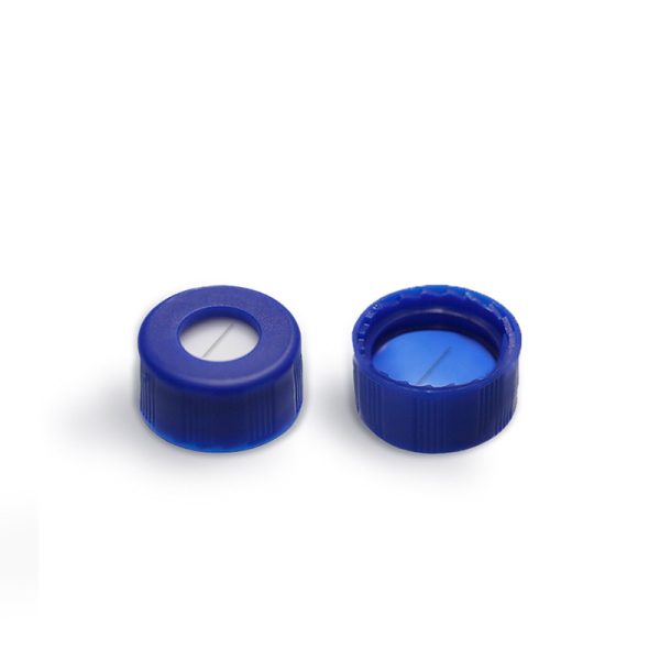 Pre-slit Blue PTFE/White Silicone Septa, 9 mm Blue Short Screw Polypropylene Cap, 5.5 mm Centre Hole, 100/pk
