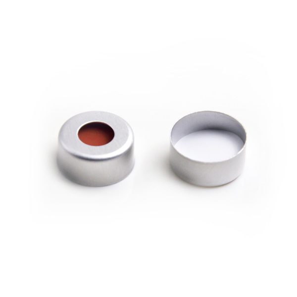 White PTFE/Red Silicone Septa, 11 mm Crimp-Top Aluminium Cap, 5.5 mm Centre Hole, 100/pk