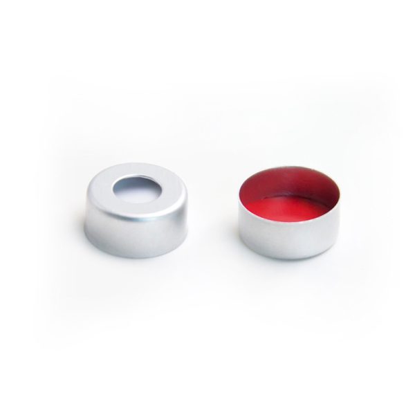 Red PTFE/White Silicone Septa, 11 mm Crimp-Top Aluminium Cap, 5.5 mm Centre Hole, 100/pk