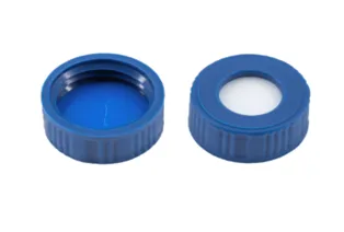 9 mm Blue Screw Cap, Blue PTFE / White Silicone Septum, 5.5 mm Hole, 100/pk